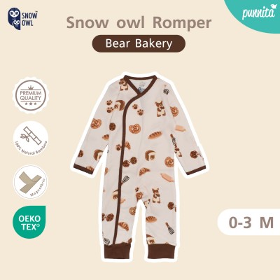 New Collection !! Snow owl Romper  เสื้อป้ายแบบแปะ ชุดหมี แขน-ขายาว 0-3 M - Bear Bakery (วัสดุ ใยไผ่พรีเมี่ยม 100%)
